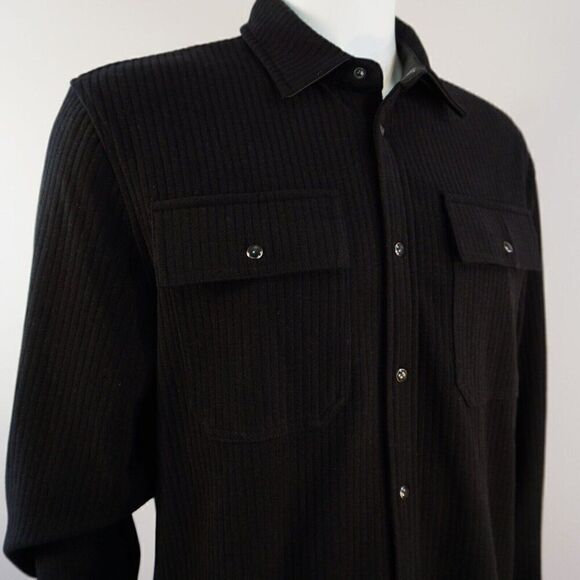 Karl Lagerfeld Men Sz L Shirt Jacket Black Ribbed Knit Snap Buttons Leather Trim - Picture 1 of 12